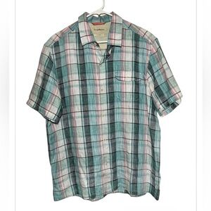 Tommy Bahama Island Modern Fit  Linen Shirt Plaid Short Sleeve Button Down Sz XL